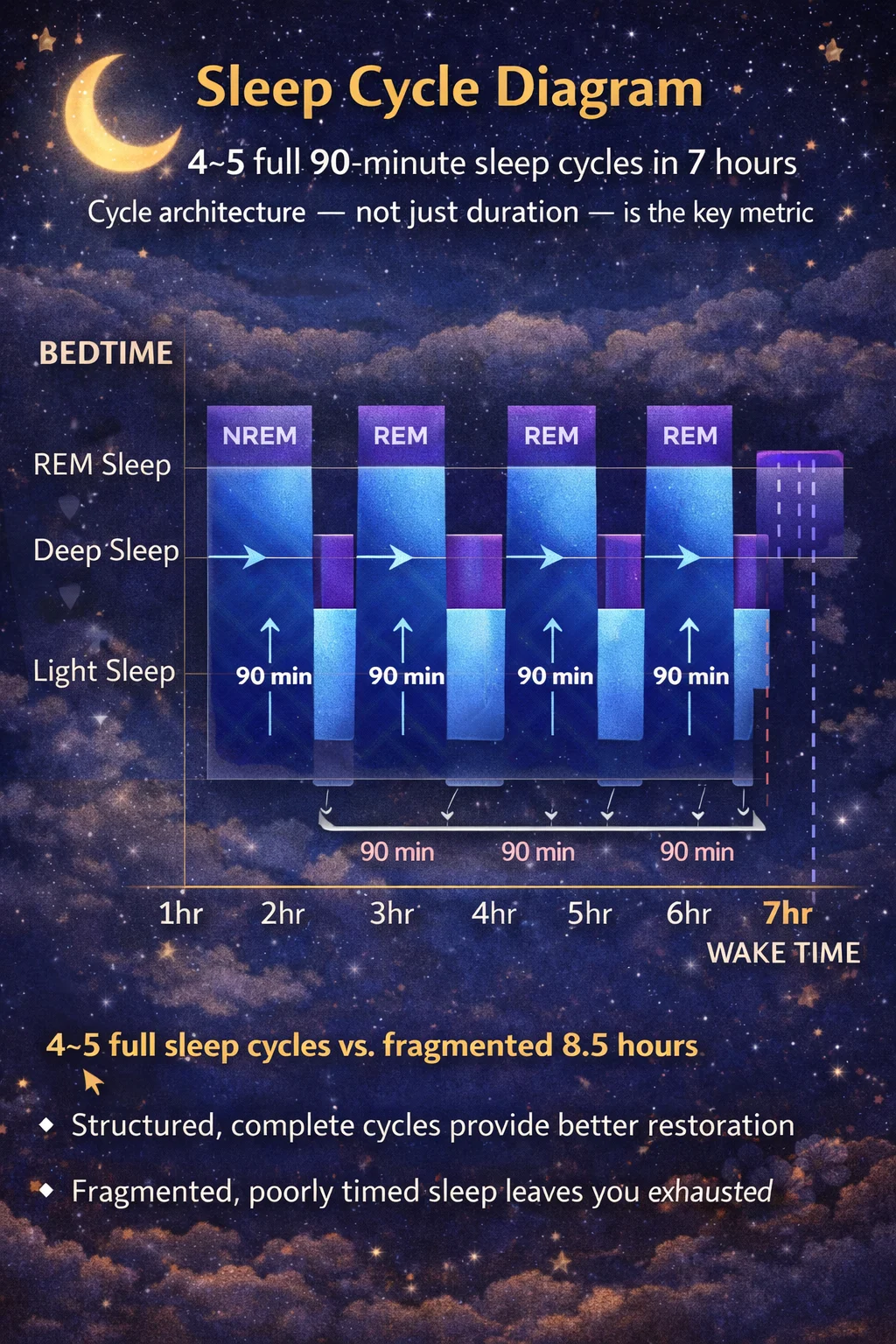 Sleep cycle diagram concept — showing 90-minute REM and NREM cycles within 7 hours of sleep