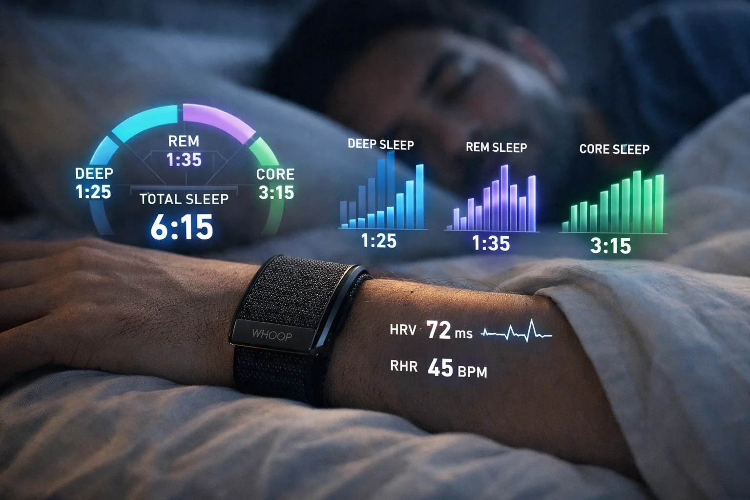 WHOOP wearable sleep tracker monitoring deep sleep REM core sleep data