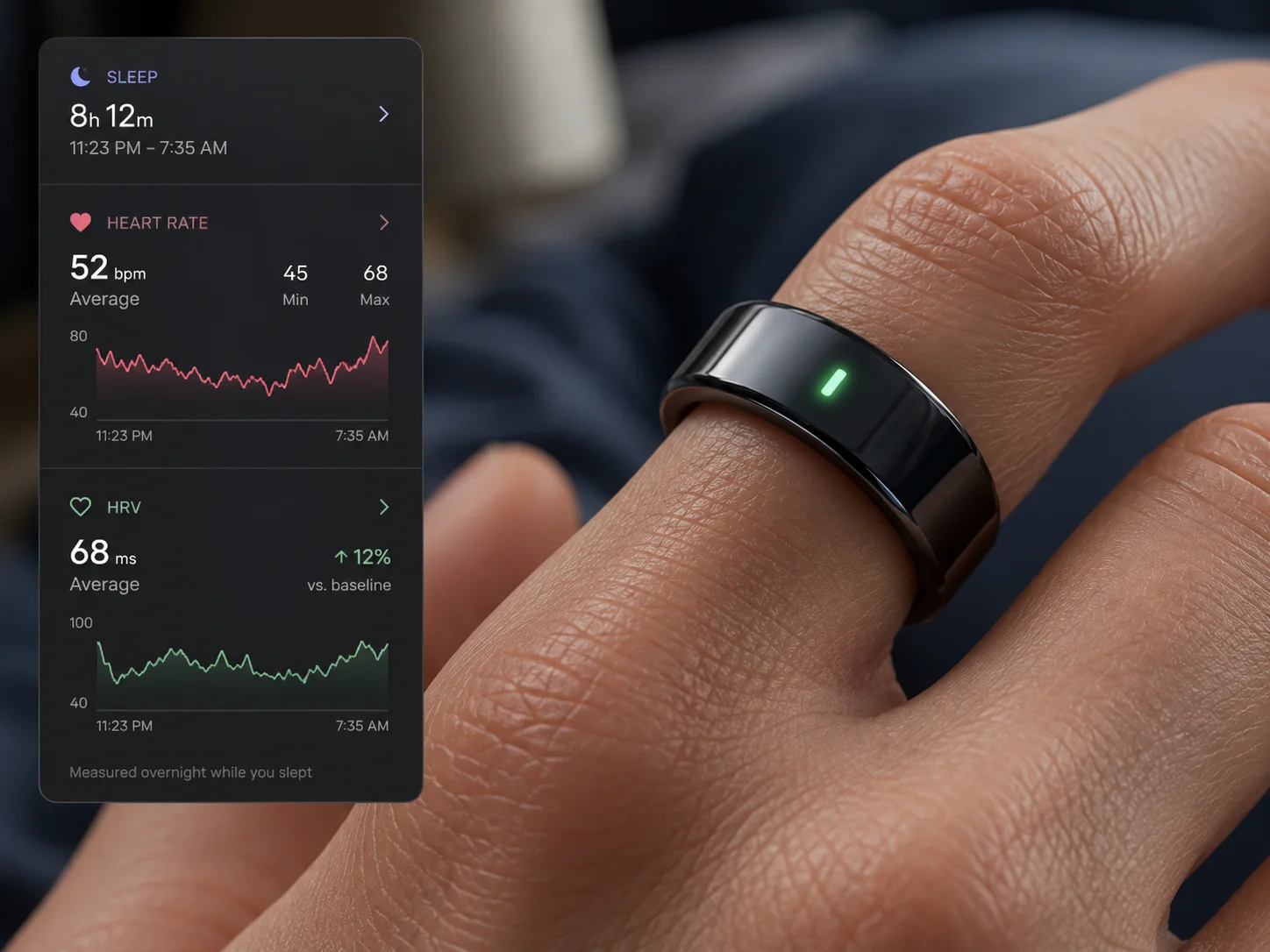 Close-up of a finger-worn smart ring used for overnight heart rate and HRV monitoring